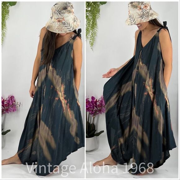 Pōʻalima Romper Charcoal Black/Taupe/Coral Tropical Boho Wide Leg Summer Beach - Picture 1 of 7